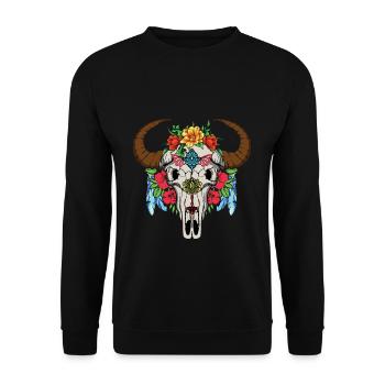 Büffel Blumen Muertos Tag der Toten Halloween - Unisex Pullover - Schwarz - Vorne - Alina (178cm) & Michal (187cm)
