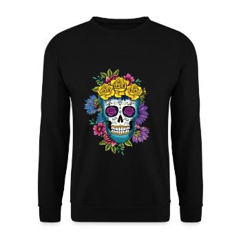 Mexiko Blumenblume Muertos Tag der Toten Halloween - Unisex Pullover - Schwarz - Vorne - Alina (178cm) & Michal (187cm)