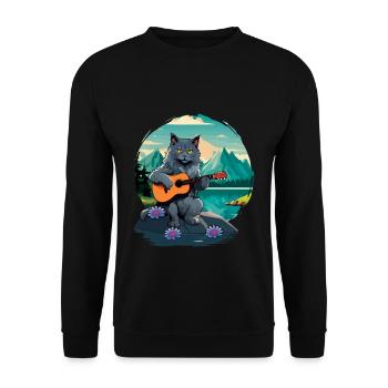 Mountain Cat spielt Gitarre Instrumente Rocker - Unisex Pullover - Schwarz - Vorne - Alina (178cm) & Michal (187cm)