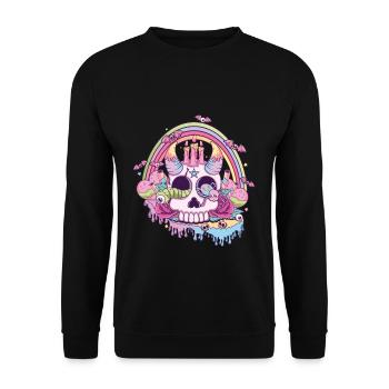 Regenbogen Totenkopf Kawaii Okkult Satanisch Pastell Gothic - Unisex Pullover - Schwarz - Vorne - Alina (178cm) & Michal (187cm)