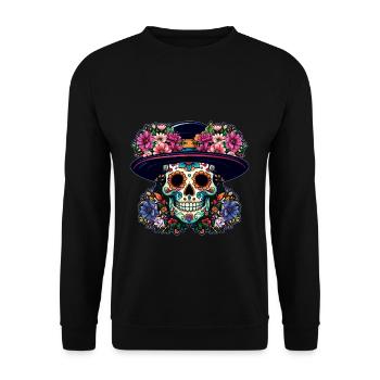 Skelett Hut Muertos Tag der Toten Halloween - Unisex Pullover - Schwarz - Vorne - Alina (178cm) & Michal (187cm)