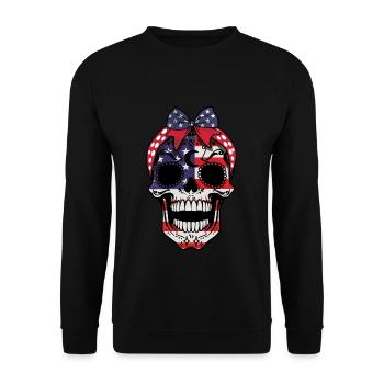 US-Flagge Skelett Muertos Tag der Toten Halloween - Unisex Pullover - Schwarz - Vorne - Alina (178cm) & Michal (187cm)