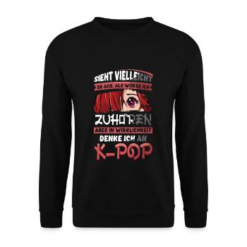 Denke Ich An K-Pop Sieht Vielleicht So Aus - Unisex Pullover - Schwarz - Vorne - Alina (178cm) & Michal (187cm)