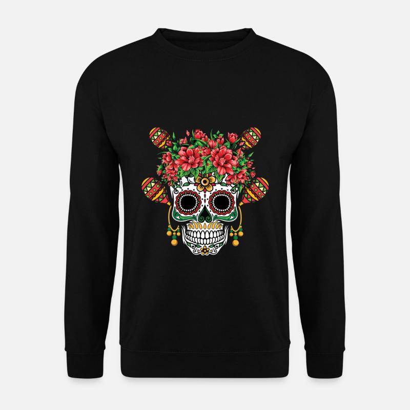 Bunter Totenkopf Mit Blumenkranz - Unisex Pullover - Schwarz