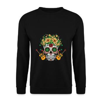 Bunter Totenkopf Mit Gitarre Und Blumen - Unisex Pullover - Schwarz - Vorne - Alina (178cm) & Michal (187cm)