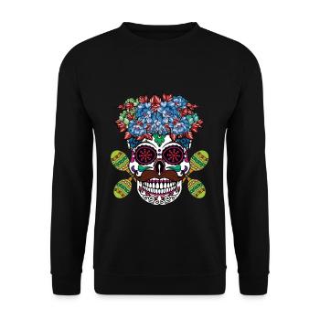 Lebendiger Día de los Muertos Totenkopf mit Blumen - Unisex Pullover - Schwarz - Vorne - Alina (178cm) & Michal (187cm)