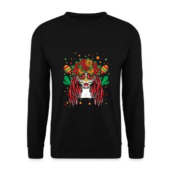 Colorful Catrina Mask with Flower Wreath - Unisex Sweatshirt - black - Front - Alina (178cm) & Michal (187cm)
