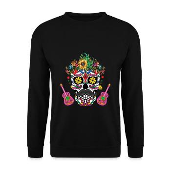 Bunter Totenkopf Mit Blumen Und Gitarren - Unisex Pullover - Schwarz - Vorne - Alina (178cm) & Michal (187cm)