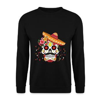 Bunter Sombrero Totenkopf Kunstwerk - Unisex Pullover - Schwarz - Vorne - Alina (178cm) & Michal (187cm)