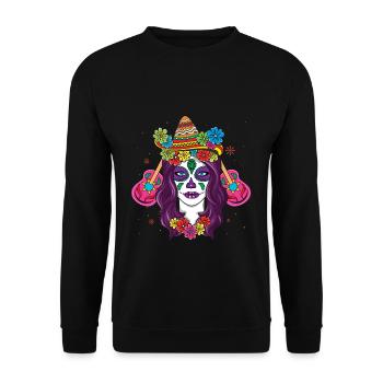 Colorful Calavera with Flowers and Sombrero - Unisex Sweatshirt - black - Front - Alina (178cm) & Michal (187cm)