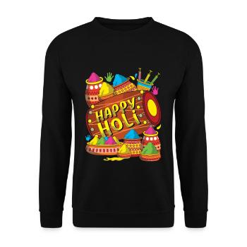 Fröhliches Holi Festival Buntes Pulver und Trommel - Unisex Pullover - Schwarz - Vorne - Alina (178cm) & Michal (187cm)
