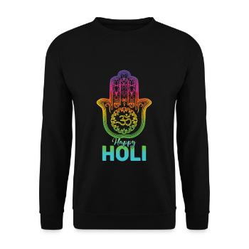Holi Festival: Happy Holi Hamsa Hand Design - Unisex Pullover - Schwarz - Vorne - Alina (178cm) & Michal (187cm)