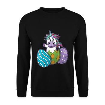 Fröhliches Einhorn Mit Ostereiern - Unisex Pullover - Schwarz - Vorne - Alina (178cm) & Michal (187cm)