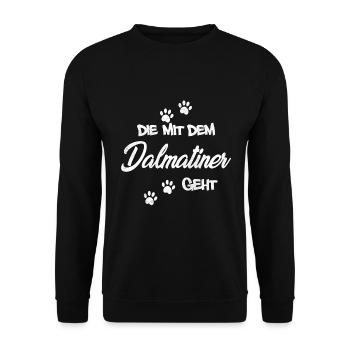 Die mit dem Dalmatiner geht | Hundebesitzerin - Unisex Pullover - Schwarz - Vorne - Alina (178cm) & Michal (187cm)