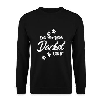Die mit dem Dackel geht | Hundebesitzerin - Unisex Pullover - Schwarz - Vorne - Alina (178cm) & Michal (187cm)