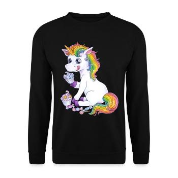 Niedliches Einhorn Regenbogen mit Süßem Cupcake - Unisex Pullover - Schwarz - Vorne - Alina (178cm) & Michal (187cm)