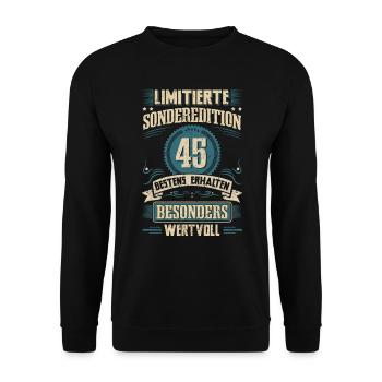 45. Geburtstag Jahrgang 1977 Fünfundvierzig - Unisex Pullover - Schwarz - Vorne - Alina (178cm) & Michal (187cm)