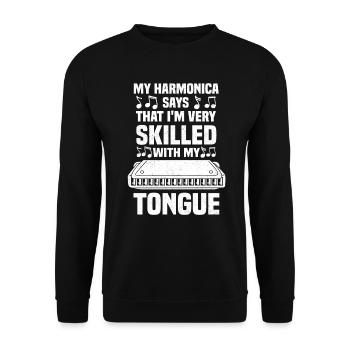 Mundharmonika Lustig Mundharmonikaspieler - Unisex Pullover - Schwarz - Vorne - Alina (178cm) & Michal (187cm)