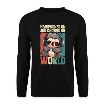 Musikliebhaber Faultier mit Kopfhörern - Unisex Pullover - Schwarz - Vorne - Alina (178cm) & Michal (187cm)