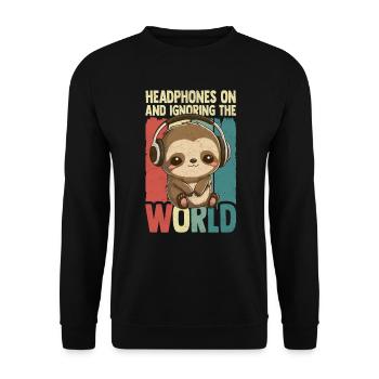 Kopfhörer Faultier Musik hören Kawaii - Unisex Pullover - Schwarz - Vorne - Alina (178cm) & Michal (187cm)