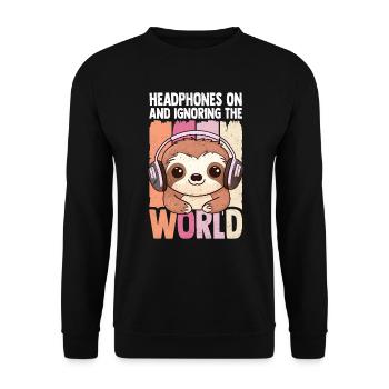 Kawaii Faultier Kopfhörer Musik hören - Unisex Pullover - Schwarz - Vorne - Alina (178cm) & Michal (187cm)