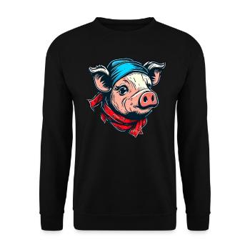 Schweinchen mit Kopftuch - Unisex Pullover - Schwarz - Vorne - Alina (178cm) & Michal (187cm)