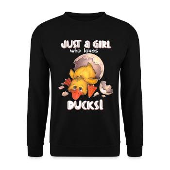 Just a girl who loves ducks - niedliche Ente im Ei - Unisex Pullover - Schwarz - Vorne - Alina (178cm) & Michal (187cm)