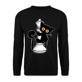Süße schwarze Katze die an Dame v. Schach klettert - Unisex Pullover - Schwarz - Vorne - Alina (178cm) & Michal (187cm)