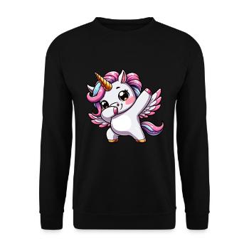 Einhorn Dabbing Tanz Fabelwesen - Unisex Pullover - Schwarz - Vorne - Alina (178cm) & Michal (187cm)