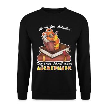 Niedlicher Bücherwurm Geschenk Lesen Schulkind - Unisex Pullover - Schwarz - Vorne - Alina (178cm) & Michal (187cm)