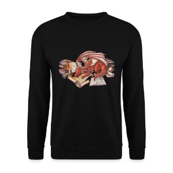 Kleiner lesender Drache - Geschenk für Leseratten - Unisex Pullover - Schwarz - Vorne - Alina (178cm) & Michal (187cm)