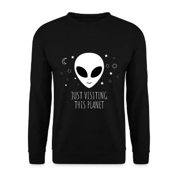 Just visiting this planet. Alien Außerirdische Ufo - Unisex Pullover - Schwarz - Vorne - Alina (178cm) & Michal (187cm)
