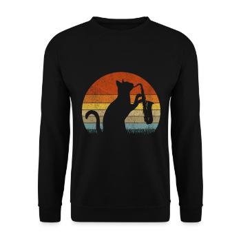 Lustiger Saxophon Katze Jazzmusik 90er Retro - Unisex Pullover - Schwarz - Vorne - Alina (178cm) & Michal (187cm)