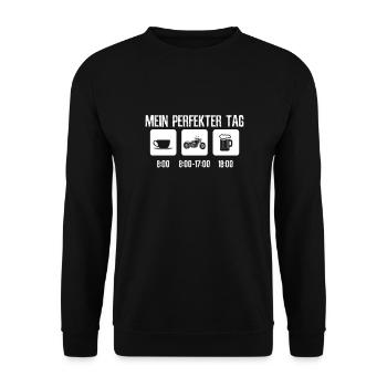 Motorrad Tagesablauf - Unisex Pullover - Schwarz - Vorne - Alina (178cm) & Michal (187cm)