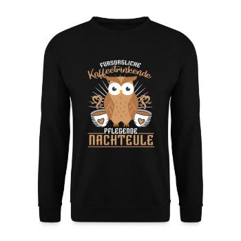 Kaffeetrinkende Pflegende Nachteule - Unisex Pullover - Schwarz - Vorne - Alina (178cm) & Michal (187cm)