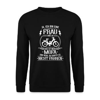 Bin Frau Mein Mofa Moped Mofafahrer+ Mofafahrerin - Unisex Pullover - Schwarz - Vorne - Alina (178cm) & Michal (187cm)