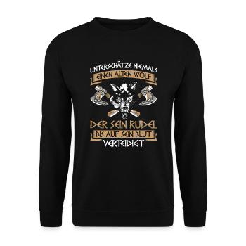 Unterschätze Niemals Einen Alten Wolf Wikinger - Unisex Pullover - Schwarz - Vorne - Alina (178cm) & Michal (187cm)