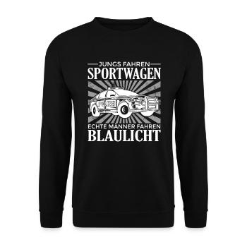 Echte Männer Fahren Blaulicht Polizei Beamter - Unisex Pullover - Schwarz - Vorne - Alina (178cm) & Michal (187cm)