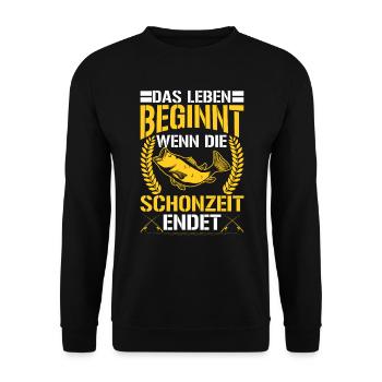 Leben Beginnt Schonzeit Endet Angler Angeln Fisch - Unisex Pullover - Schwarz - Vorne - Alina (178cm) & Michal (187cm)