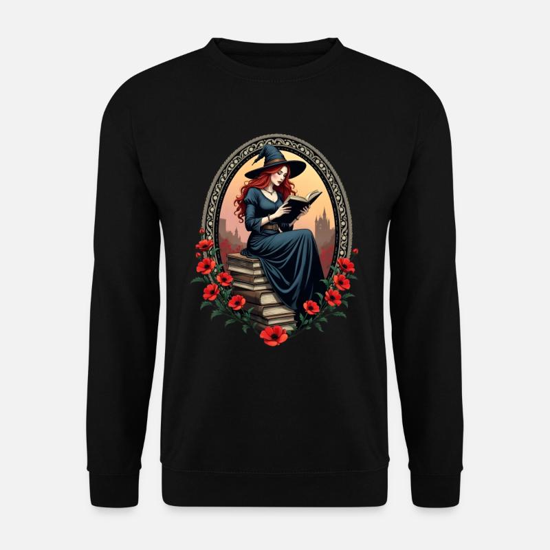 Bücher-Hexe mit Mohnblumen - Unisex Pullover - Schwarz