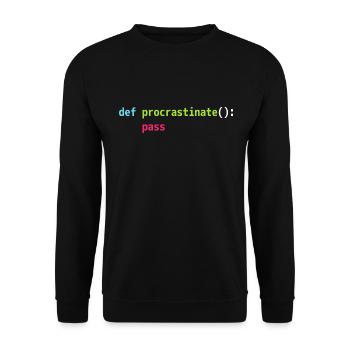 Lustiges Python Code Design def procrastinate pass - Unisex Pullover - Schwarz - Vorne - Alina (178cm) & Michal (187cm)