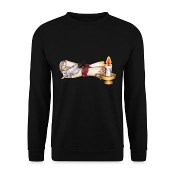 Ästhetische Schriftrolle mit Kerze und Feder - Unisex Pullover - Schwarz - Vorne - Alina (178cm) & Michal (187cm)