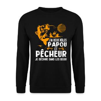 J'ai Deux Roles PAPOU Et Pêcheur Je Déchire Dans - Sweat-shirt Unisexe - noir - Devant - Alina (178cm) & Michal (187cm)