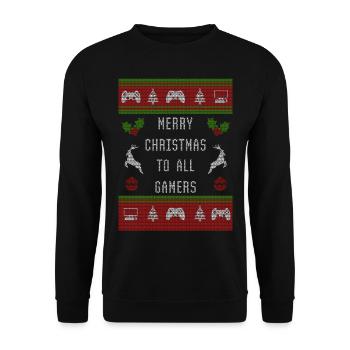 Xmas Ugly Sweater Merry Christmas to all Gamers - Unisex Pullover - Schwarz - Vorne - Alina (178cm) & Michal (187cm)