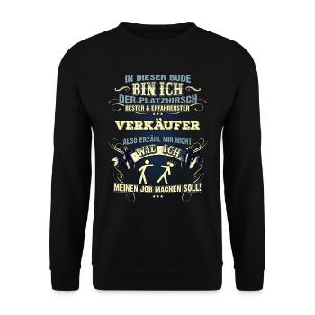 Edles Berufe-Shirt für den Verkäufer - Unisex Pullover - Schwarz - Vorne - Alina (178cm) & Michal (187cm)