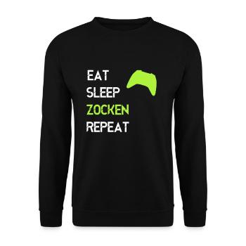 Eat Sleep Zocken Repeat Gamer Gaming Videospiele - Unisex Pullover - Schwarz - Vorne - Alina (178cm) & Michal (187cm)