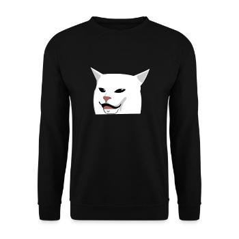 Katze Meme am Tisch - Unisex Pullover - Schwarz - Vorne - Alina (178cm) & Michal (187cm)