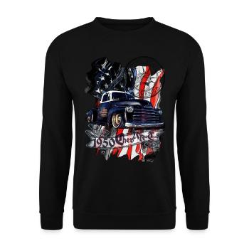 1950 Chev V8 Vintage Pickup Truck Blau Schwarz - Unisex Pullover - Schwarz - Vorne - Alina (178cm) & Michal (187cm)