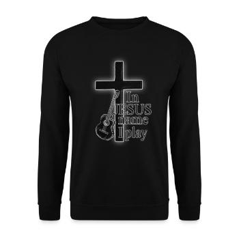 Jesus Christus - Gitarrist - In Jesus Name I Play - Unisex Pullover - Schwarz - Vorne - Alina (178cm) & Michal (187cm)