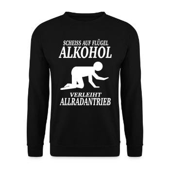 SCHEISS AUF FLÜGEL ALKOHOL VERLEIHT ALLRAD ANTRIEB - Unisex Pullover - Schwarz - Vorne - Alina (178cm) & Michal (187cm)